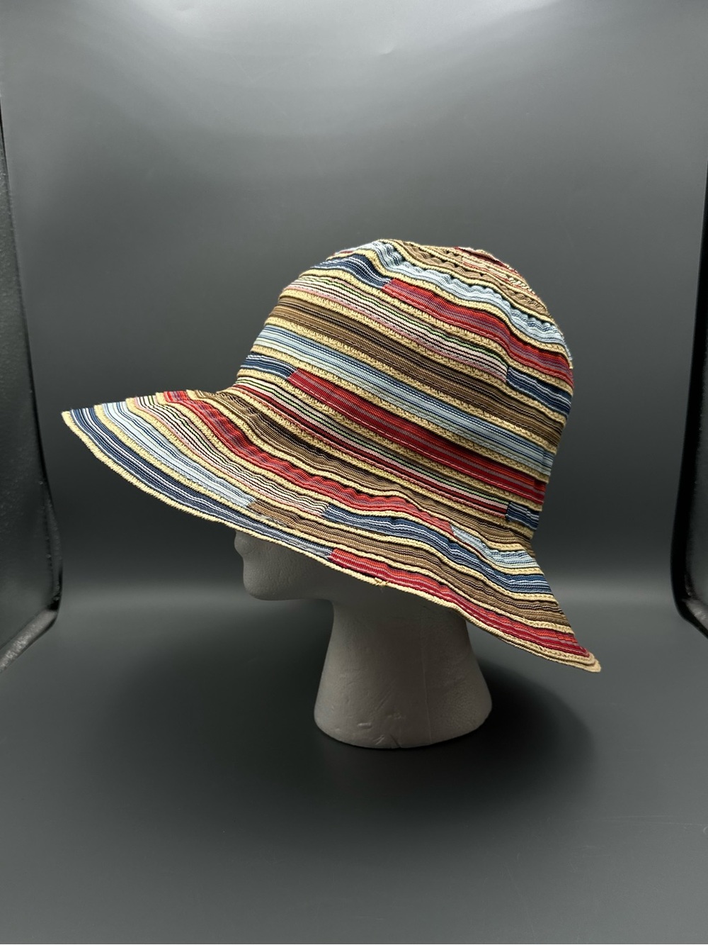 Striped Ribbon Patchwork Floppy Sun Hat Paper Straw Coastal Summer Beachy Vibes